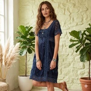 Johnny Was Rose Garden Boho Navy Blue Embroidered Floral Lace Crochet Dress XL